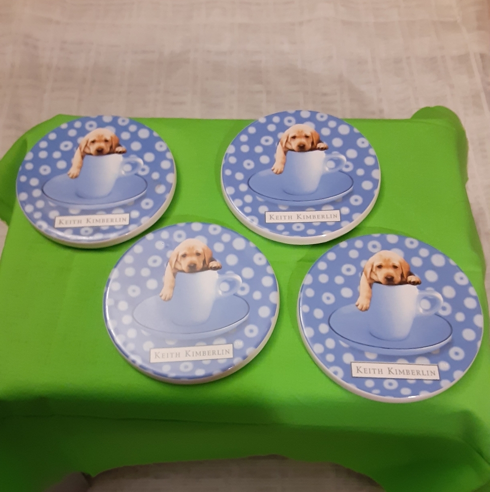Keith Kimberlin Set Of 4 Yellow Lab in a Coffee Cup Ceramic Coasters 4" Across